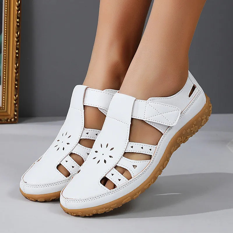 Women's Summer Shoes with a Perforated Pattern ⎜ Comfortable Flats with a Velcro Fastener and Non - Slip Sole for Everyday Wear