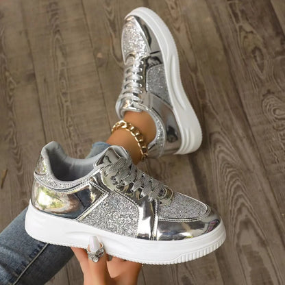 Women's Trainers ⎜ Shiny Lace - Up Shoes with a Glitter Effect and Thick Sole Tread for Everyday Wear