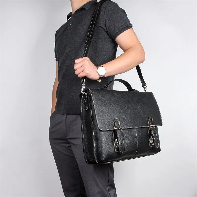 Laptop Bag for Men ⎜ Retro Briefcase Made of Genuine Leather with Practical Compartments and Shoulder Strap