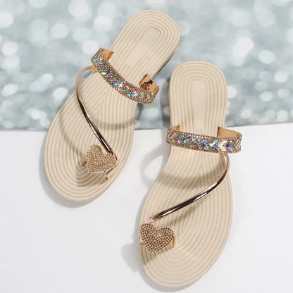 Women's Flat Toe Sandals ⎜ Elegant Summer Shoes with Rhinestone Heart and Glitter Strap for Beach & Leisure