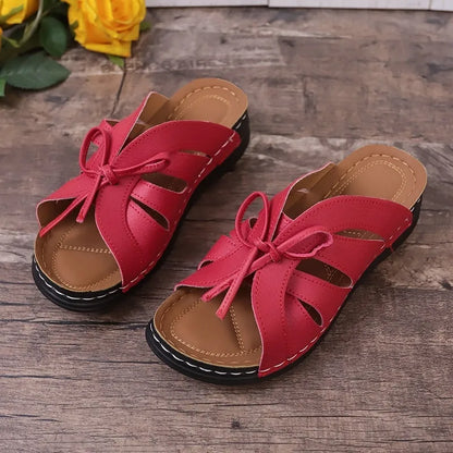 Women's Wedge Sandals ⎜ Comfortable Shoes with Bow Design and Airy Cut - Outs