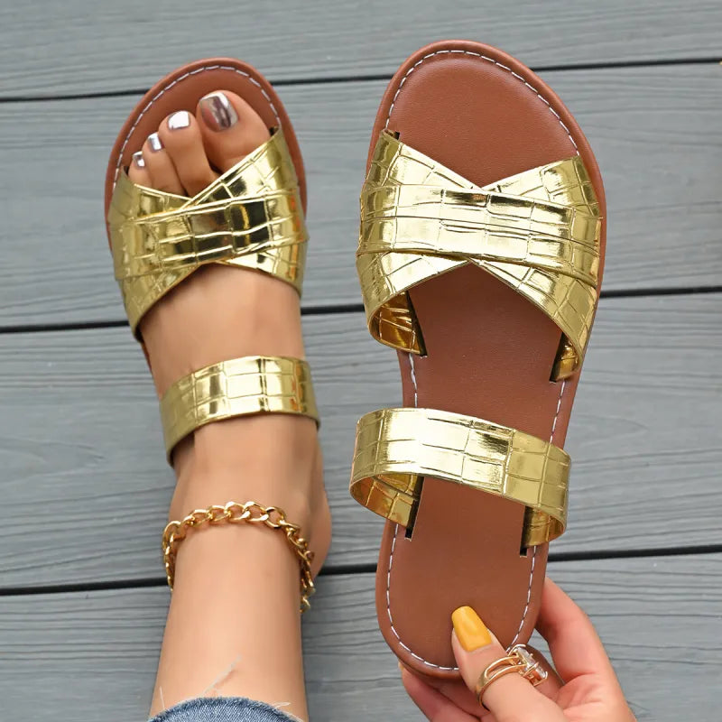 Comfortable Sandals with Cross Straps ⎜ Flat Slip - Ons in Various Colours for Relaxed Comfort