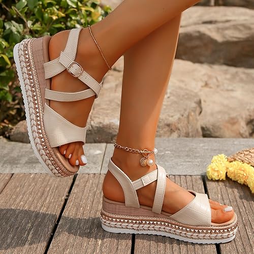 Women's Platform Sandals ⎜ Comfortable Summer Shoes with Adjustable Strap and Stylish Raffia Sole