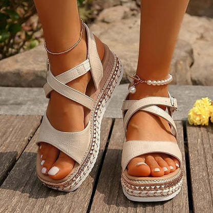 Women's Platform Sandals ⎜ Comfortable Summer Shoes with Adjustable Strap and Stylish Raffia Sole