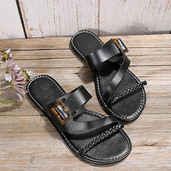 Women's Flat Slip - on Shoes ⎜ Comfortable Summer Shoes with Braided Strap and Adjustable Buckle