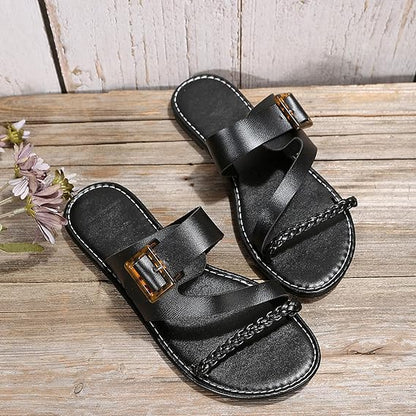 Women's Flat Slip - on Shoes ⎜ Comfortable Summer Shoes with Braided Strap and Adjustable Buckle