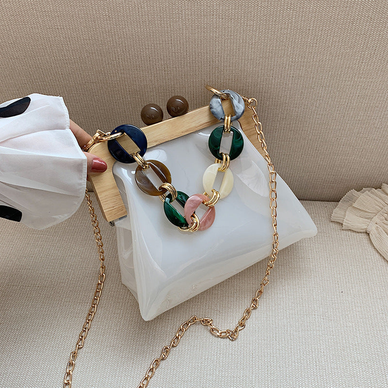 Transparent Shoulder Bag for Women ⎜ Fashionable Bag with Chain Detail and Wooden Clasp