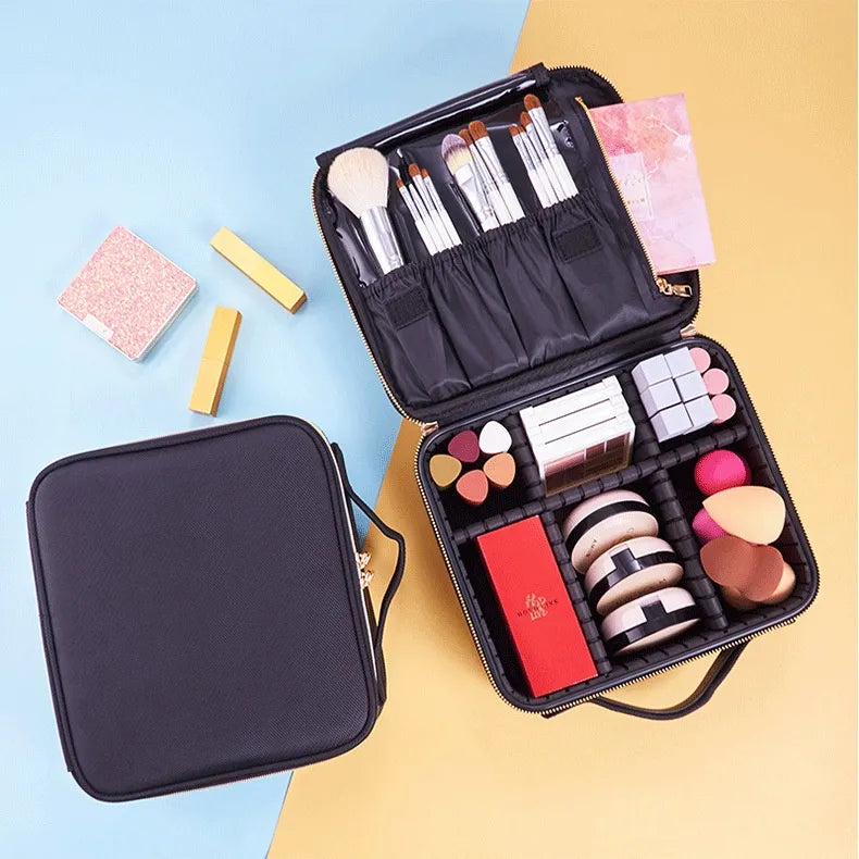 Cosmetics Bag for Women ⎜ Compact Travel Storage with Compartments and Practical Brush Holder