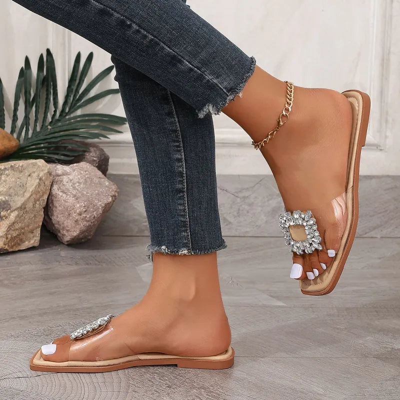Simple Flat Sandals for Women ⎜ Transparent Summer Shoes with Rhinestone Appliqués and an Elegant Design