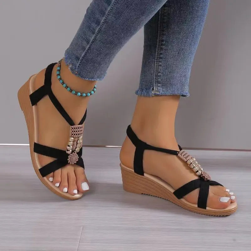 Women's Wedge Sandals ⎜ Handmade Summer Shoes with Pearl Embellishment and Non - Slip Sole
