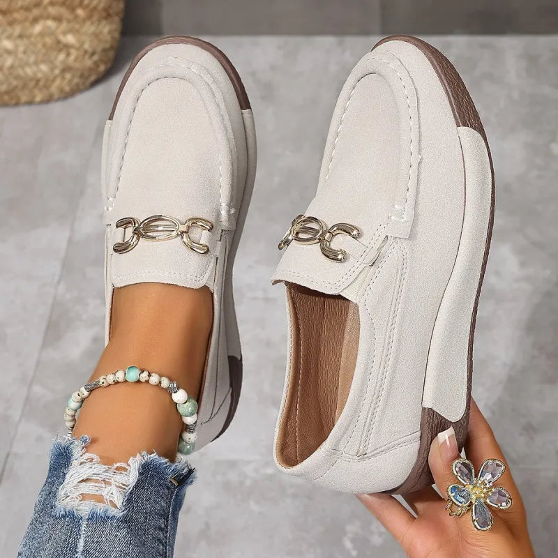 Moccasins for Women ⎜ Comfortable Slip - on Shoes with Metal Accessory and Classic Design