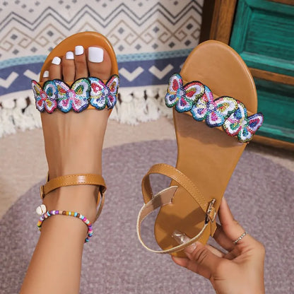 Women's Flat Sandals ⎜ Comfortable Summer Shoes with Butterfly Decor and Open Design for Beach & Leisure