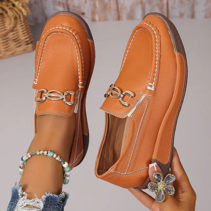 Moccasins for Women ⎜ Comfortable Slip - on Shoes with Metal Accessory and Classic Design