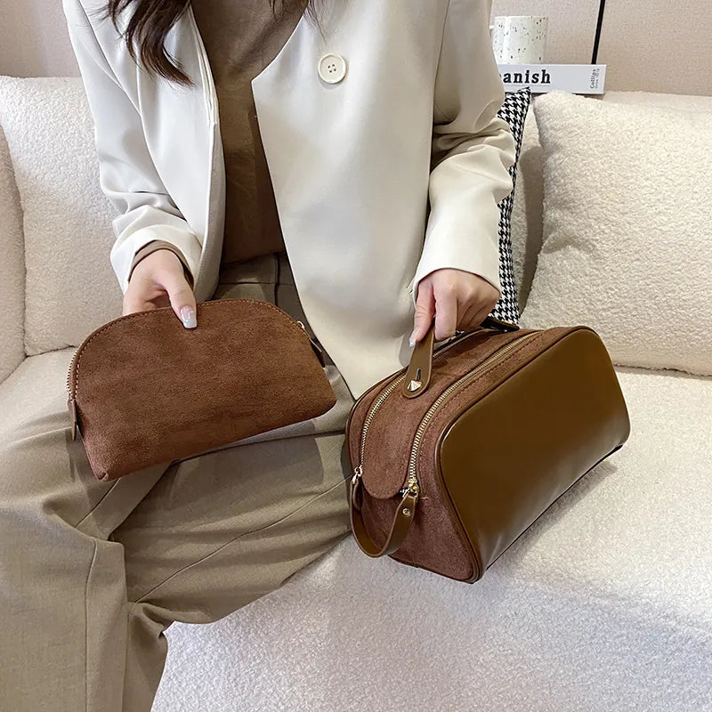 Cosmetics Bag for Women ⎜ Large Capacity with Suede Look and Practical Carrying Handle