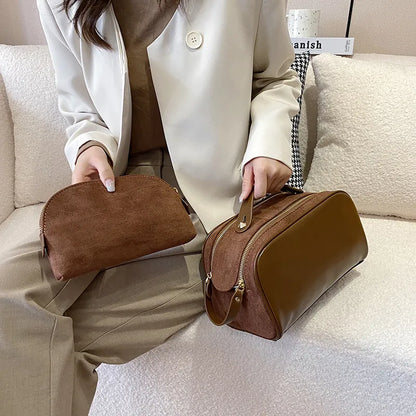 Cosmetics Bag for Women ⎜ Large Capacity with Suede Look and Practical Carrying Handle