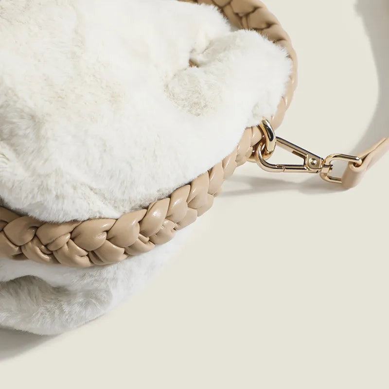 Plush Bucket Bag for Women ⎜ Soft Handbag with Braided Handle and Adjustable Shoulder Strap