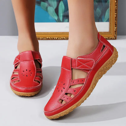 Women's Summer Shoes with a Perforated Pattern ⎜ Comfortable Flats with a Velcro Fastener and Non - Slip Sole for Everyday Wear