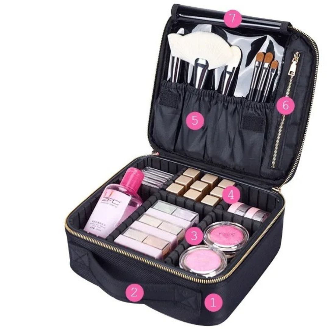 Cosmetics Bag for Women ⎜ Compact Travel Storage with Compartments and Practical Brush Holder