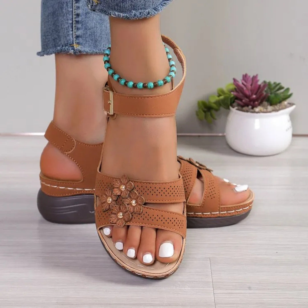 Women's Wedge Sandals ⎜ Comfortable Summer Shoes with Floral Appliqué and Non - Slip Sole for Everyday Wear
