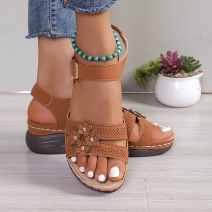Women's Wedge Sandals ⎜ Comfortable Summer Shoes with Floral Appliqué and Non - Slip Sole for Everyday Wear