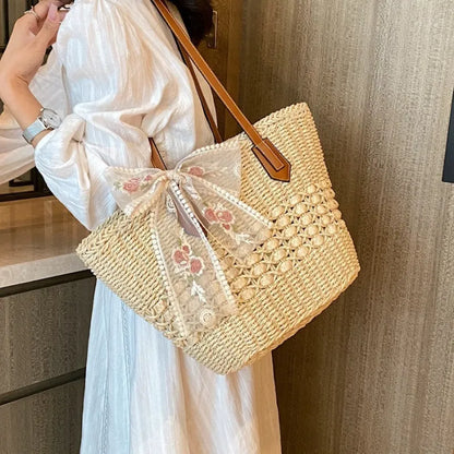 Straw Bag with Floral Ribbon ⎜ Summery Design and Plenty of Storage Space