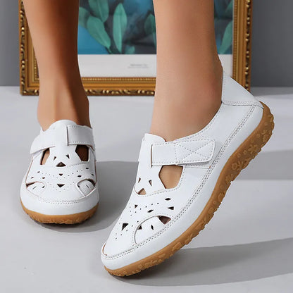 Women's Summer Shoes with Velcro Fastening ⎜ Comfortable Flats with Perforated Pattern and Non - Slip Sole