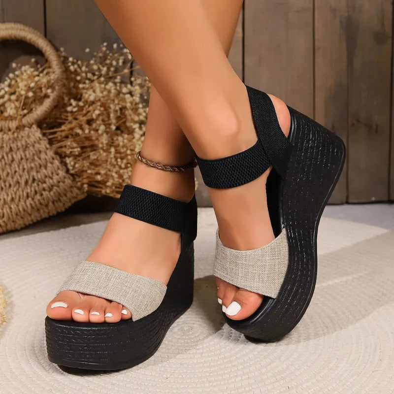 Women's Platform Sandals ⎜ Comfortable Summer Shoes with Elasticated Straps and High Wedge Heel