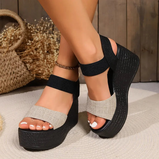 Women's Platform Sandals ⎜ Comfortable Summer Shoes with Elasticated Straps and High Wedge Heel