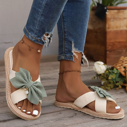 Women's Summer Mules ⎜ Comfortable Flat Slippers with Bow and Non - Slip Raffia Sole