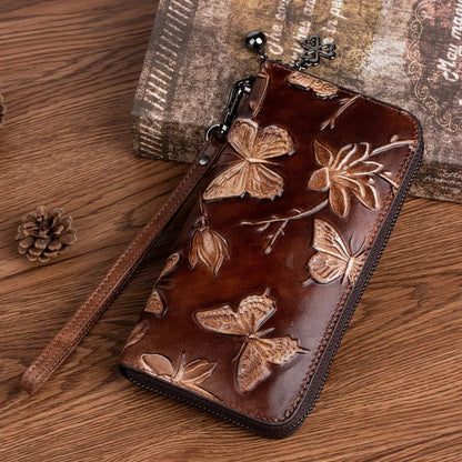 Women's Clutch with Zip ⎜ Vintage Design with Floral Embossing and Practical Wrist Strap