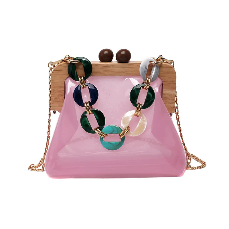 Transparent Shoulder Bag for Women ⎜ Fashionable Bag with Chain Detail and Wooden Clasp