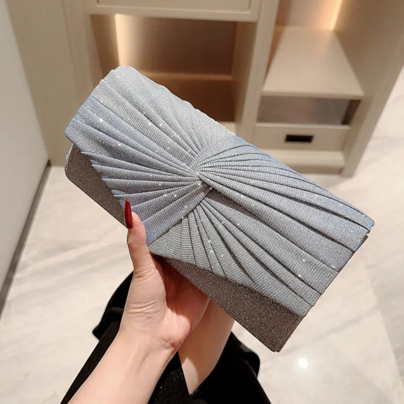 Evening Clutch Bag ⎜ Glittering Design with Pleated Fabric and Elegant Shape