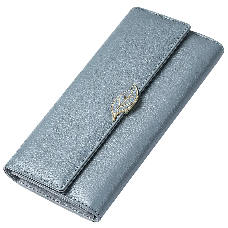 Women's Cowhide Leather Wallet ⎜ Long Design with Elegant Leaf Embellishment and Practical Clasp
