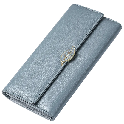 Women's Cowhide Leather Wallet ⎜ Long Design with Elegant Leaf Embellishment and Practical Clasp