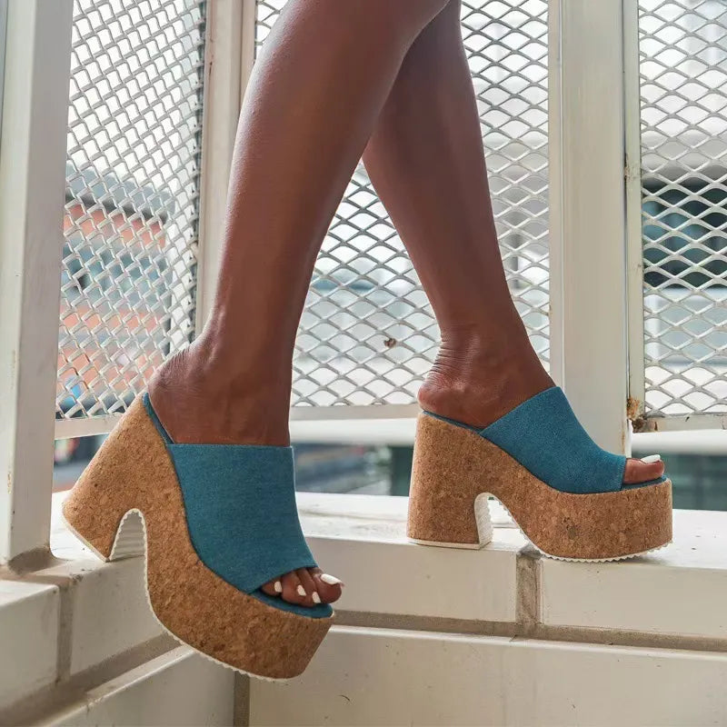 Women's Platform Mules with Block Heel ⎜ Fashionable Summer Shoes with Cork Sole and Open Toe Area