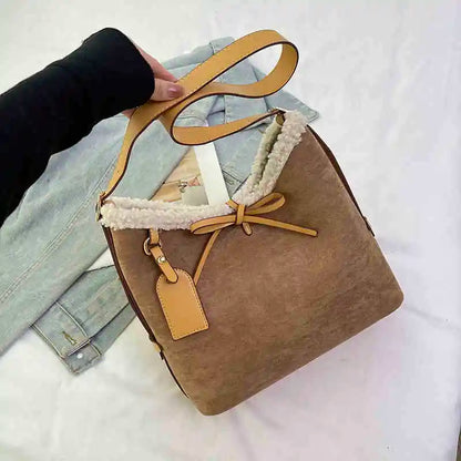 Retro Shoulder Bag for Women ⎜ Large Suede Bag with Soft Lining and Decorative Bow Fastening