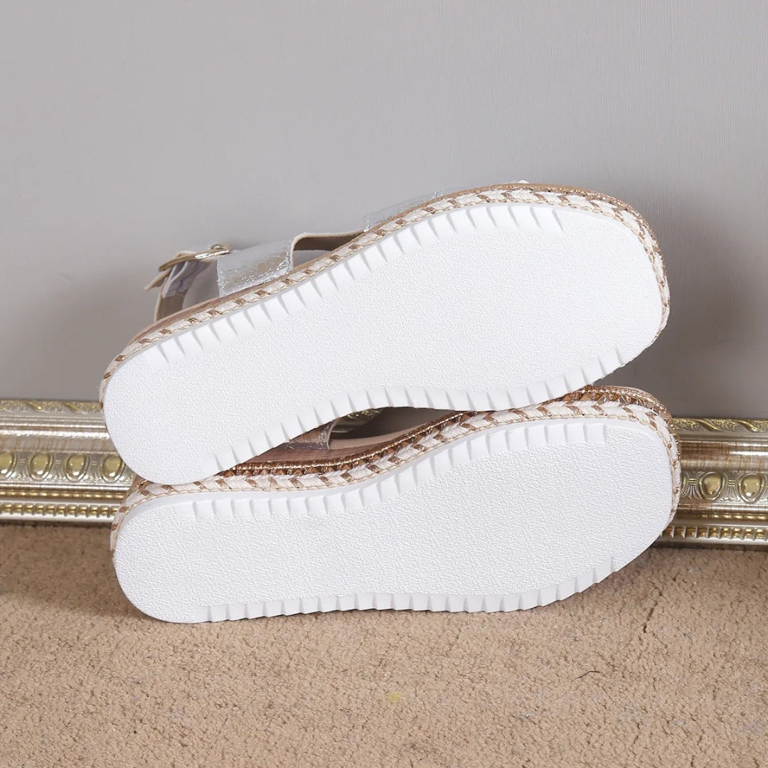 Women's Wedge Sandals ⎜ Comfortable Summer Shoes with an Elasticated Strap and Non - Slip Sole in a Metallic Look