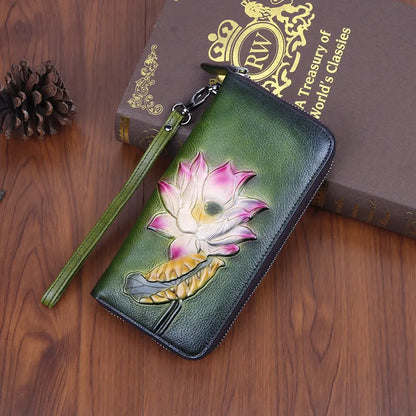 Women's Wallet with Zip ⎜ Long Design with Multiple Card Slots and Retro Floral Pattern