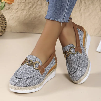 Wedge Loafers for Women ⎜ Comfortable Slip - on Shoes with Horse Chain Appliqué for Comfort and Style
