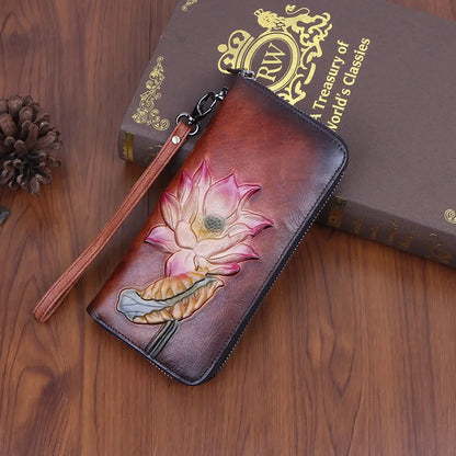 Women's Wallet with Zip ⎜ Long Design with Multiple Card Slots and Retro Floral Pattern