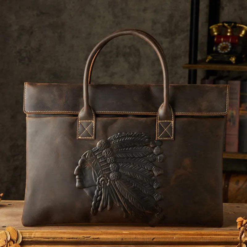 Real Leather Laptop Bag ⎜ Stylish Briefcase with Embossing and Practical Carrying Handles