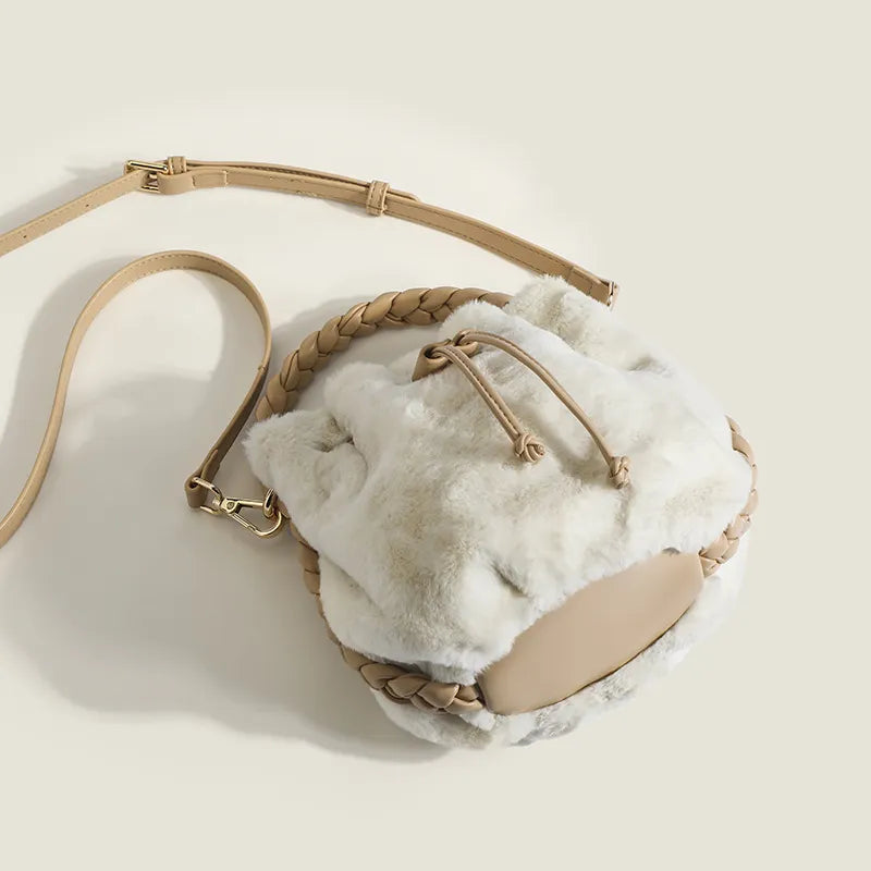 Plush Bucket Bag for Women ⎜ Soft Handbag with Braided Handle and Adjustable Shoulder Strap