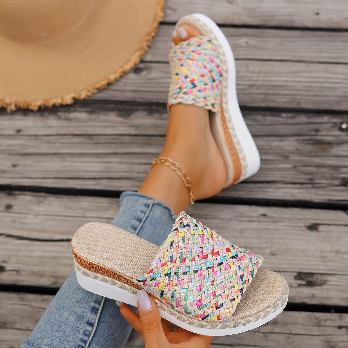 Women's Colourful Wedge Slip - on Design ⎜ Comfortable Non - Slip Sandals with a Hemp Rope Look and Thick Heel