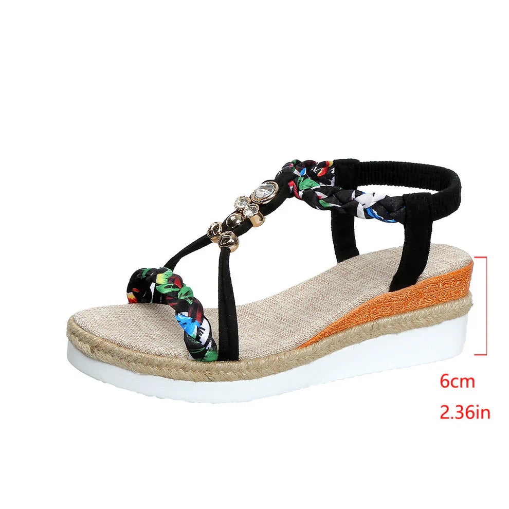 Women's Wedges with Braided Strap ⎜ Comfortable Sandals with Pearl Details and Fashionable Sole