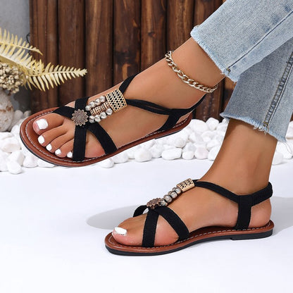 Women's Sandals with Jewellery Details ⎜ Comfortable Summer Shoes with Elasticated Strap and Metal Elements