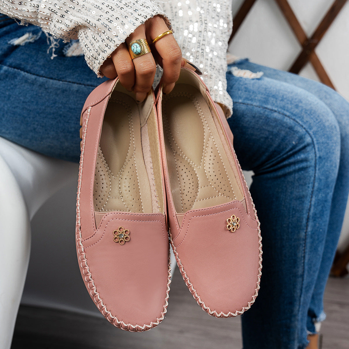 Loafers for Women ⎜ Comfortable Leather Flats with Decorative Stitching and Jewellery Appliqué