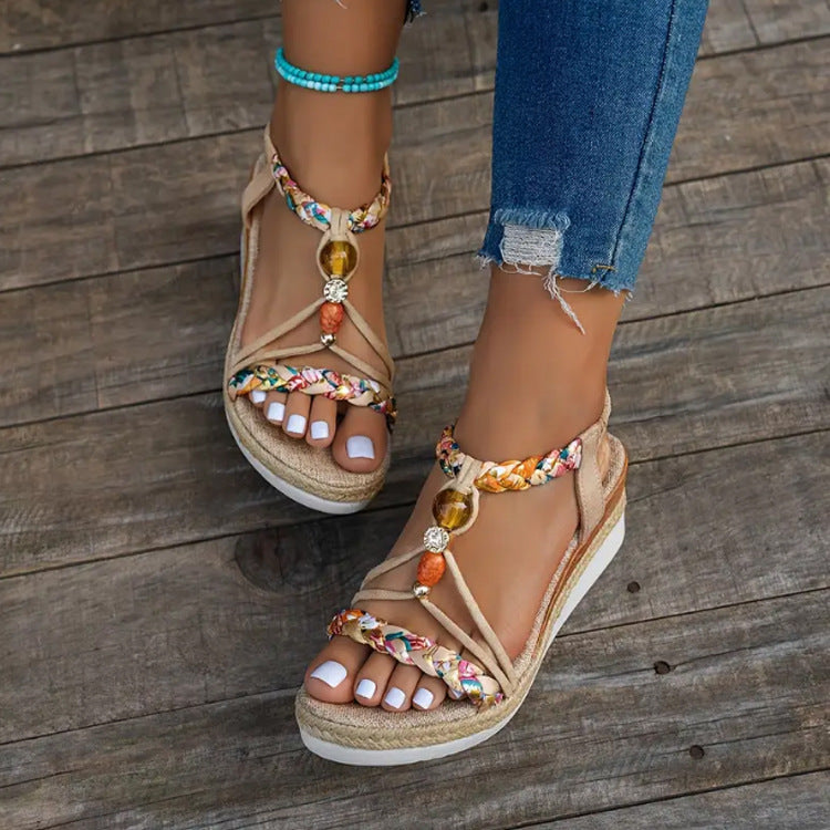 Platform Sandals for Women ⎜ Summery Wedges with a Braided Design and Elasticated Heel Strap