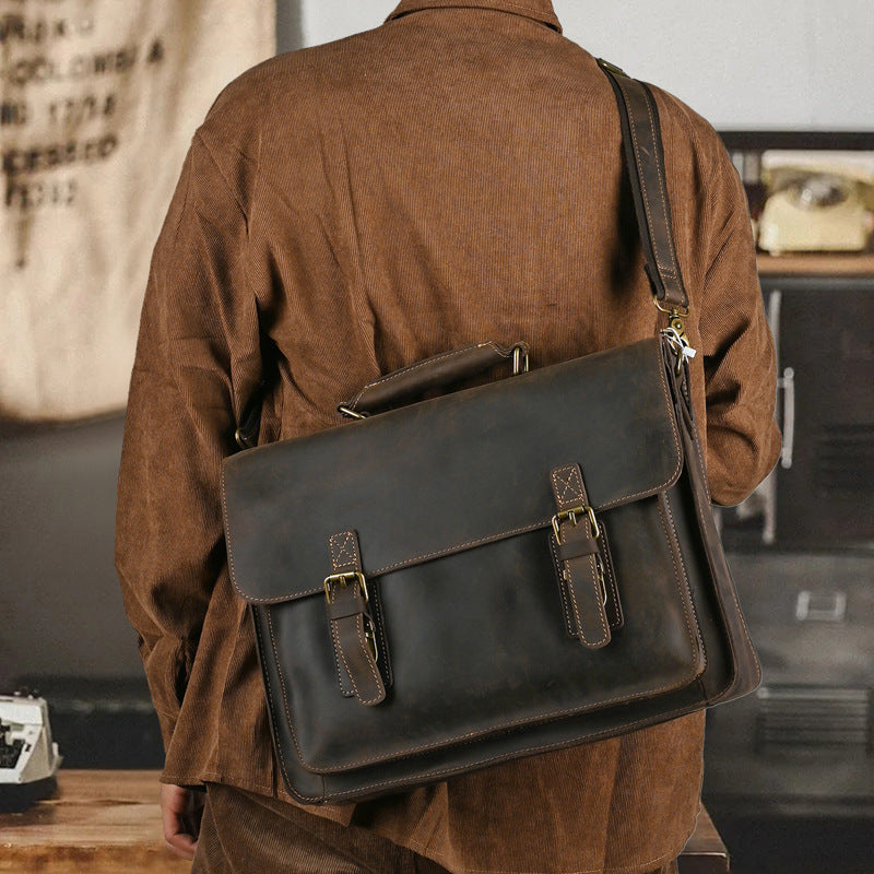 Leather Laptop Bag for Men ⎜ Robust Shoulder Bag with Buckle Fastening and Padded Inner Compartment