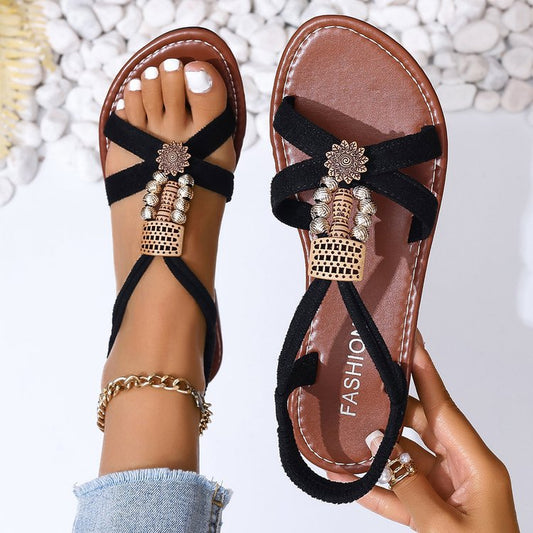 Women's Sandals with Jewellery Details ⎜ Comfortable Summer Shoes with Elasticated Strap and Metal Elements