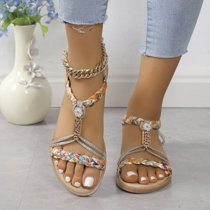 Women's Flat Sandals ⎜ Comfortable Shoes with Braided Design and Sparkling Details